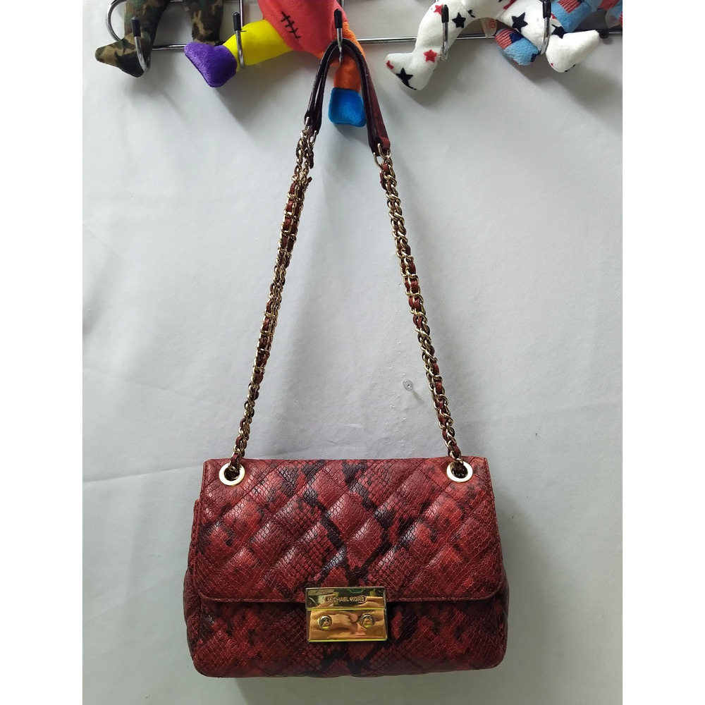 Michael Kors Red Leather Quilted Python Embossed Chain Strap Crossbody Bag